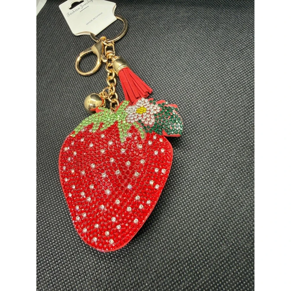 Puffy Red Rhinestone Strawberry Keychain Tassel Bell Bag Charm Gold Tone